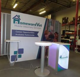 SYK-1024 Symphony Portable Display with SEG Fabric Graphic, MOD-1462 Wireless Bistro Charging Table, and MOD-1701c Backlit Counter with Locking Storage