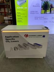 RENTAL: RE-1079 Inline Design with 110" Wide x 96" High Single-Sided Lightbox, Large Monitor Mount, 50" Monitor, RE-1576 Reception Counter, SEG Backlit Fabric Graphic, and Vinyl Applied Graphic -- View 2